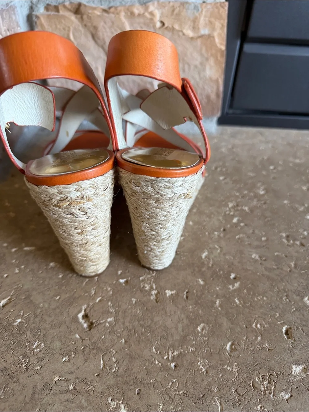 Michael Kors Orange Leather Espadrille Wedge Sandals with Gold Buckle